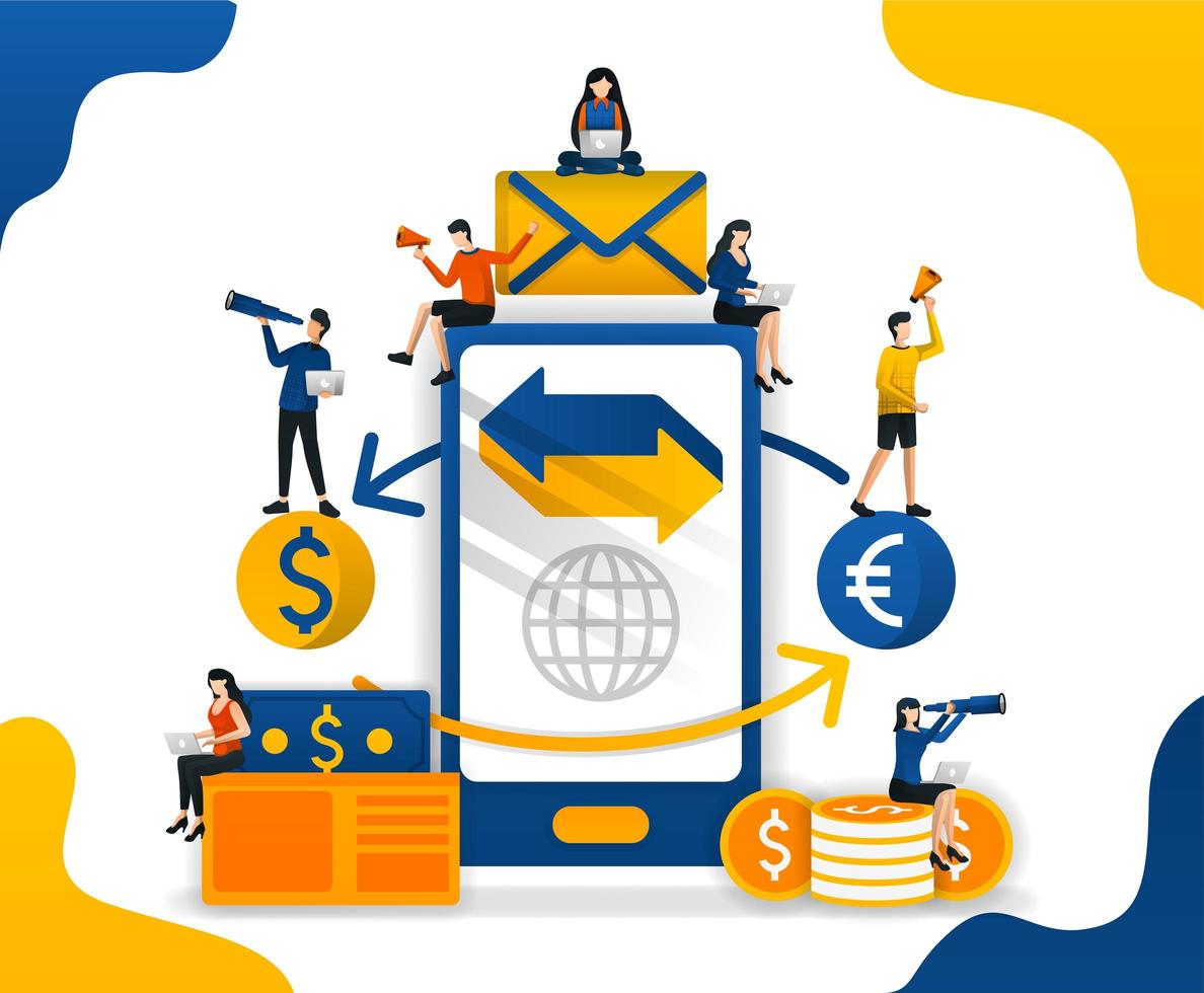 Geld überweisen und mit Antrag senden. Handel zwischen Währungen. Forex Trading Apps, Konzept Vektor Illustration. kann für Landingpage, Vorlage, UI, Web, mobile App, Poster, Banner, Flyer verwendet werden