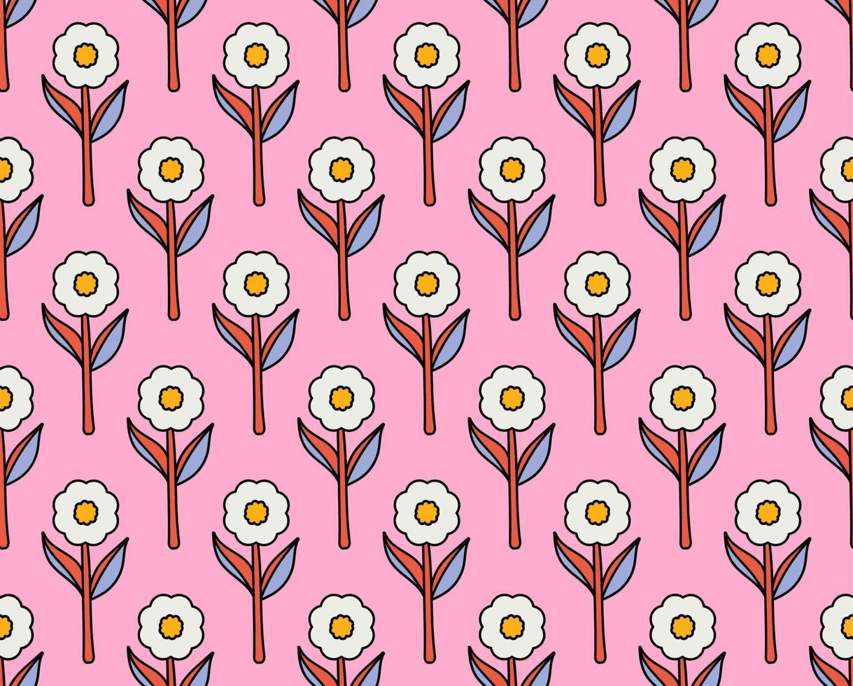 grooviger hintergrund. Nahtloses helles Wiederholungsmuster aus einfachen blühenden Blumen im psychedelischen Hippie-Stil der 1970er Jahre. grafisches Dekorornament im Retro-Design. Vektor-Illustration vektor