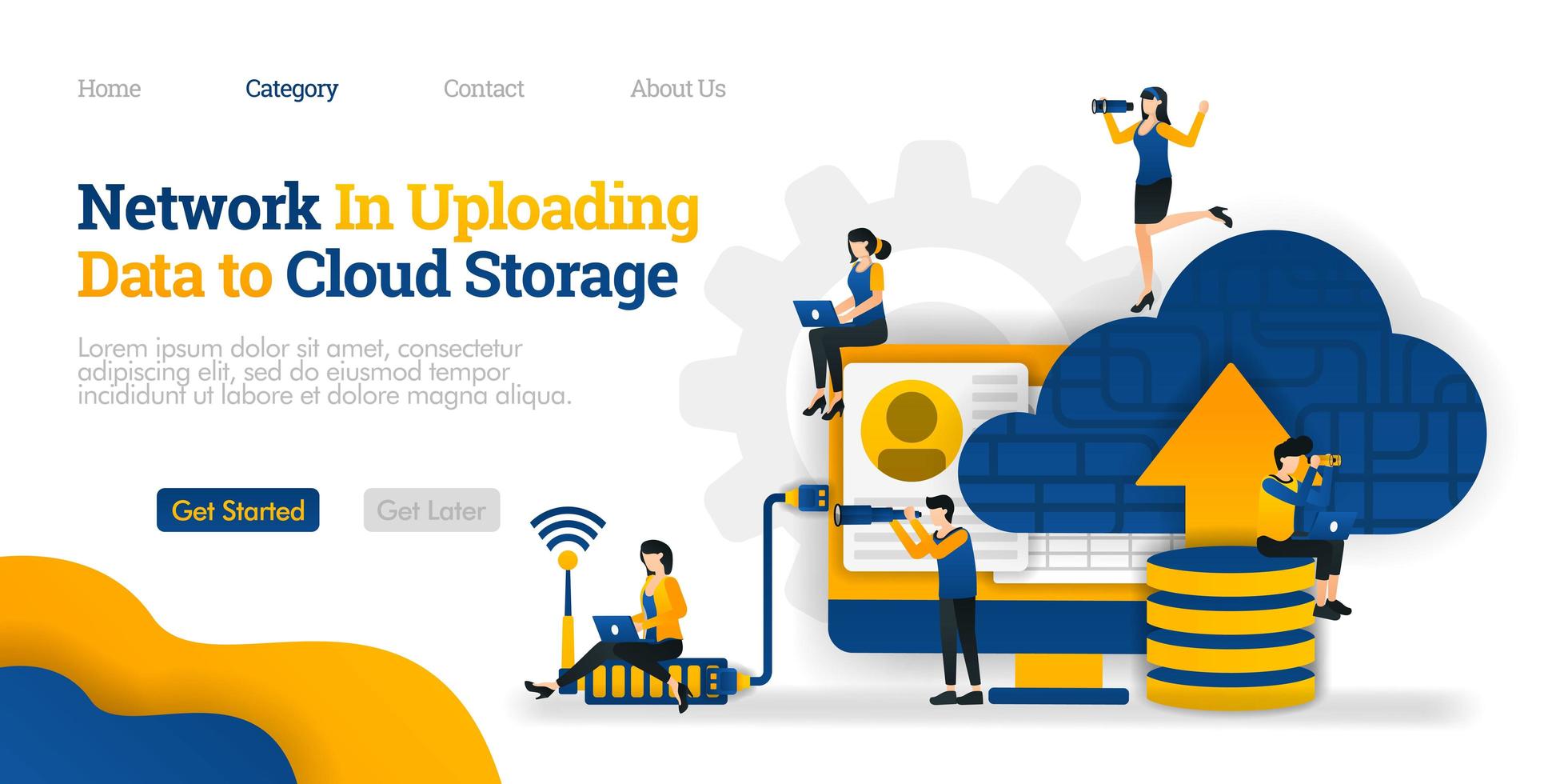 Netzwerk beim Hochladen von Daten in den Cloud-Speicher. Laden Sie Daten in der Datenbank zur Freigabe in die Cloud hoch. Vektor flache Illustration Konzept, kann verwendet werden, Landing Page, Vorlage, Web, Homepage, Poster, Banner, Flyer