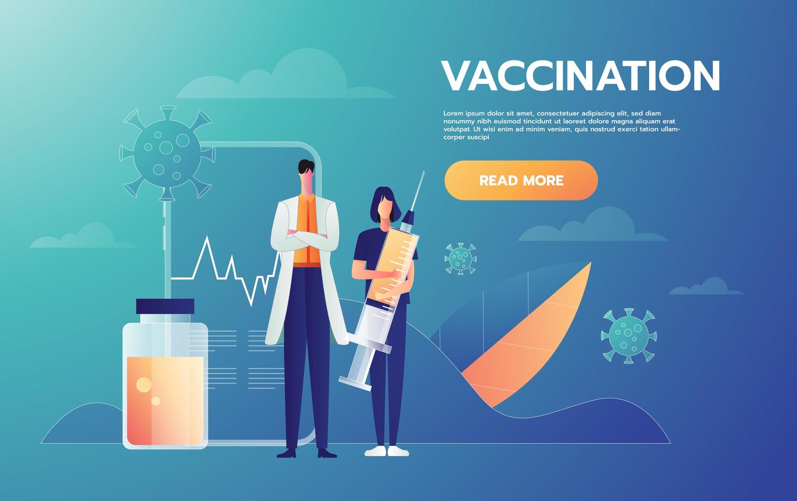 medizinisches Charakter-Konzeptdesign. Charaktere des Krankenhauspersonals von Arzt und Krankenschwester, die Spritzenheilung, Impfstoff gegen Coronavirus und Covid-19-Ausbruch halten. Vektorillustration. vektor