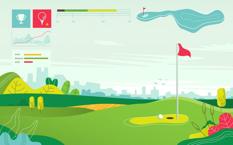 Landskapsvisning Golfbana Turneringskarta Vector Flat Illustration