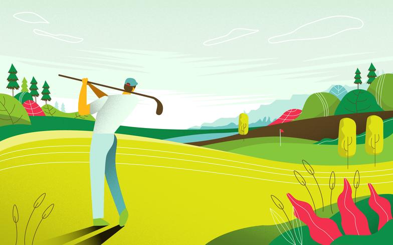 Landschaftsansicht-Golfplatz-Turnier-Karten-Vektor-flache Illustration vektor