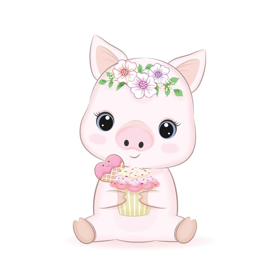 süßes kleines schwein und cupcake, karikaturillustration vektor