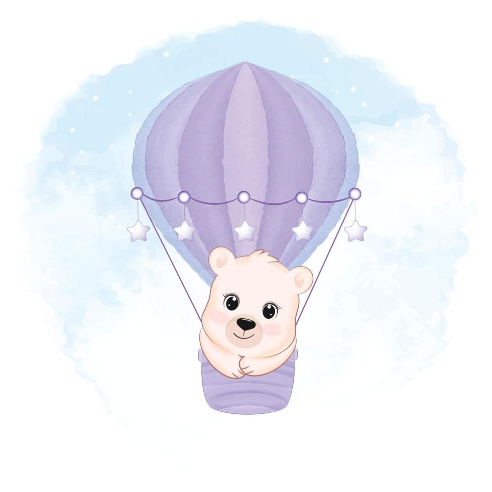 söt liten Björn på varm luft ballong på de himmel djur- tecknad serie illustration vektor