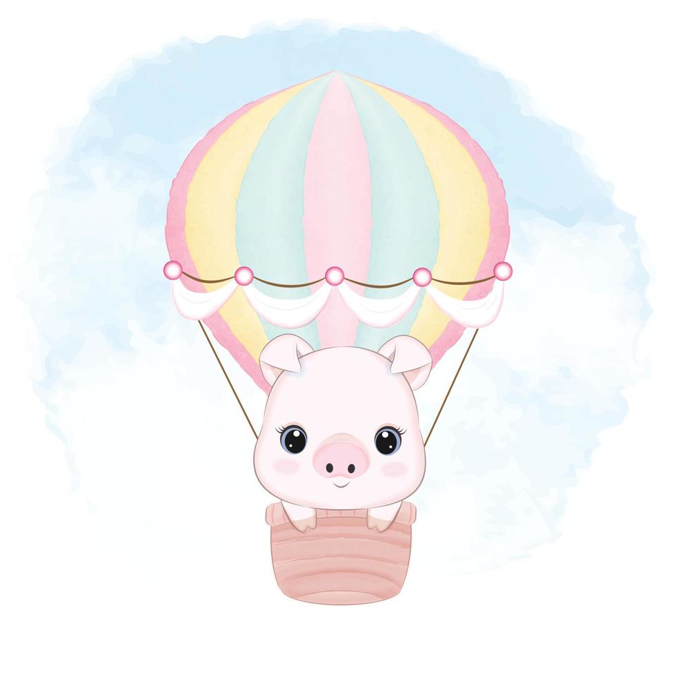 süßes kleines schwein in der tierillustration des heißluftballons vektor