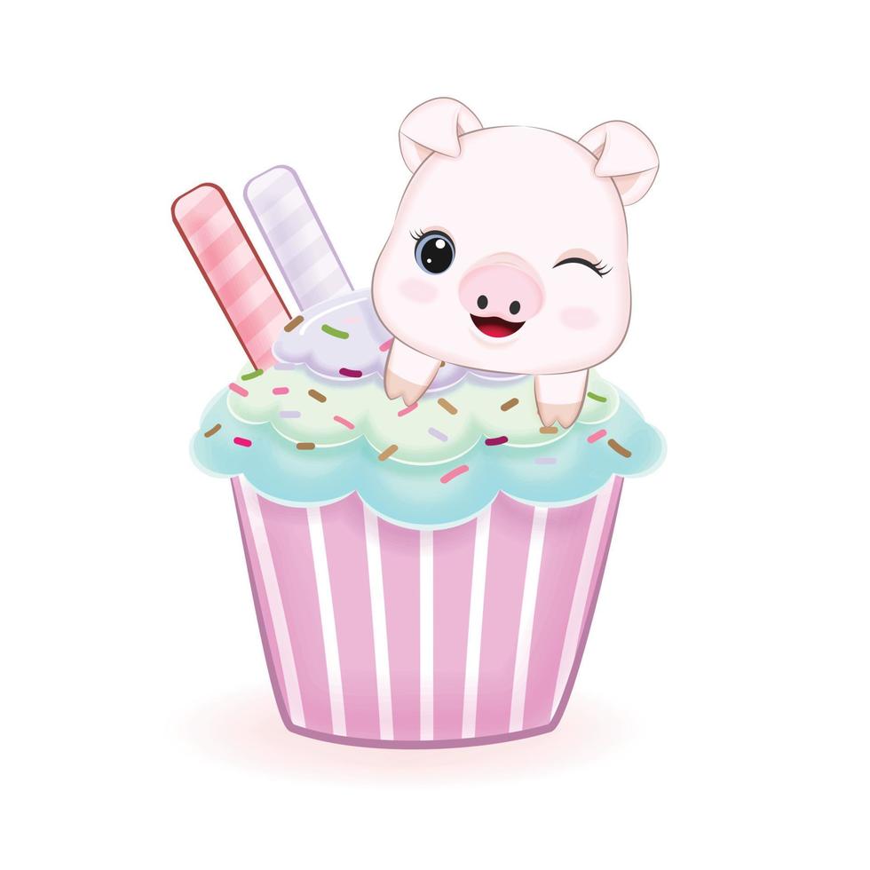 niedliche kleine schwein- und cupcake-cartoon-aquarellillustration vektor