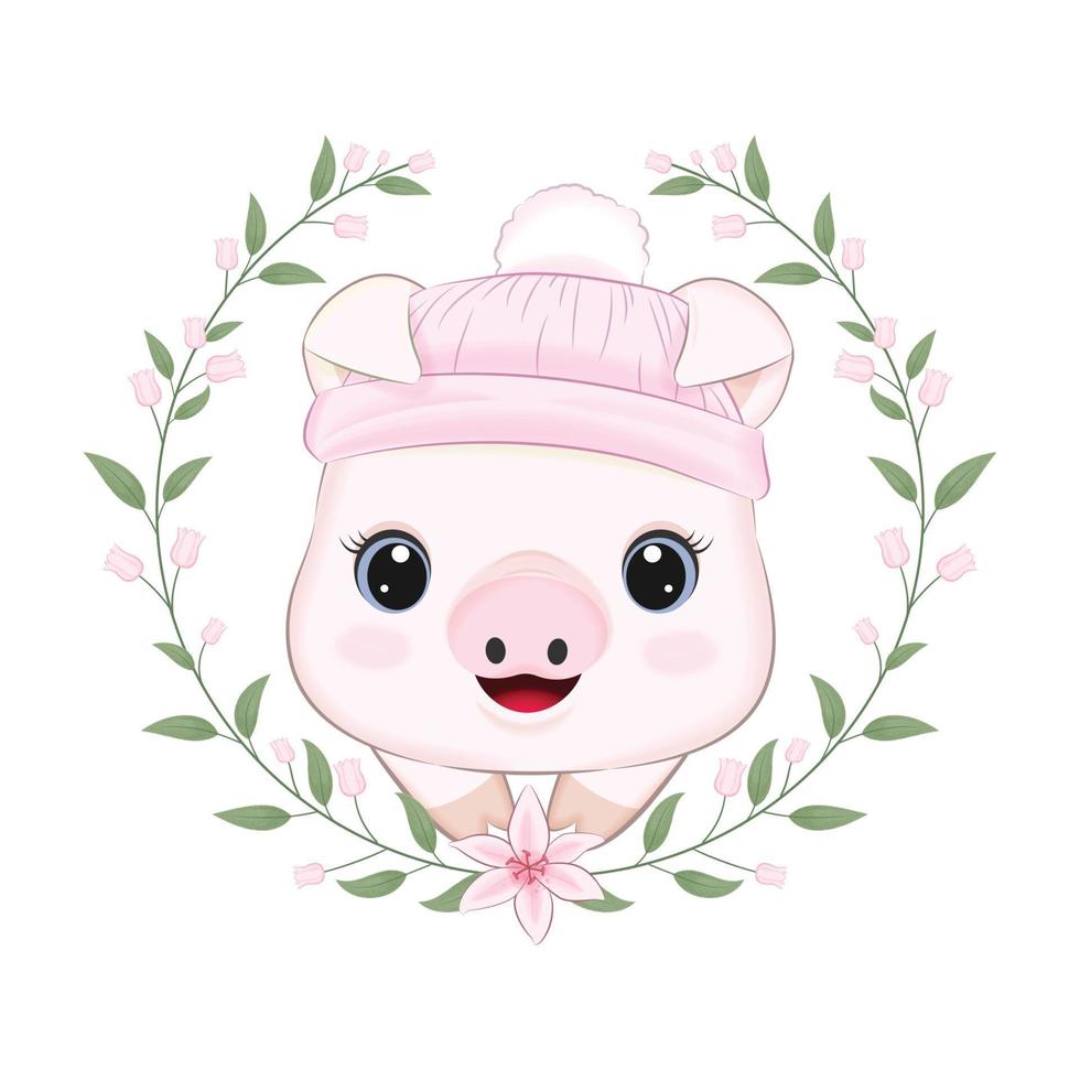 söt liten gris och krans flora, tecknad serie illustration vektor