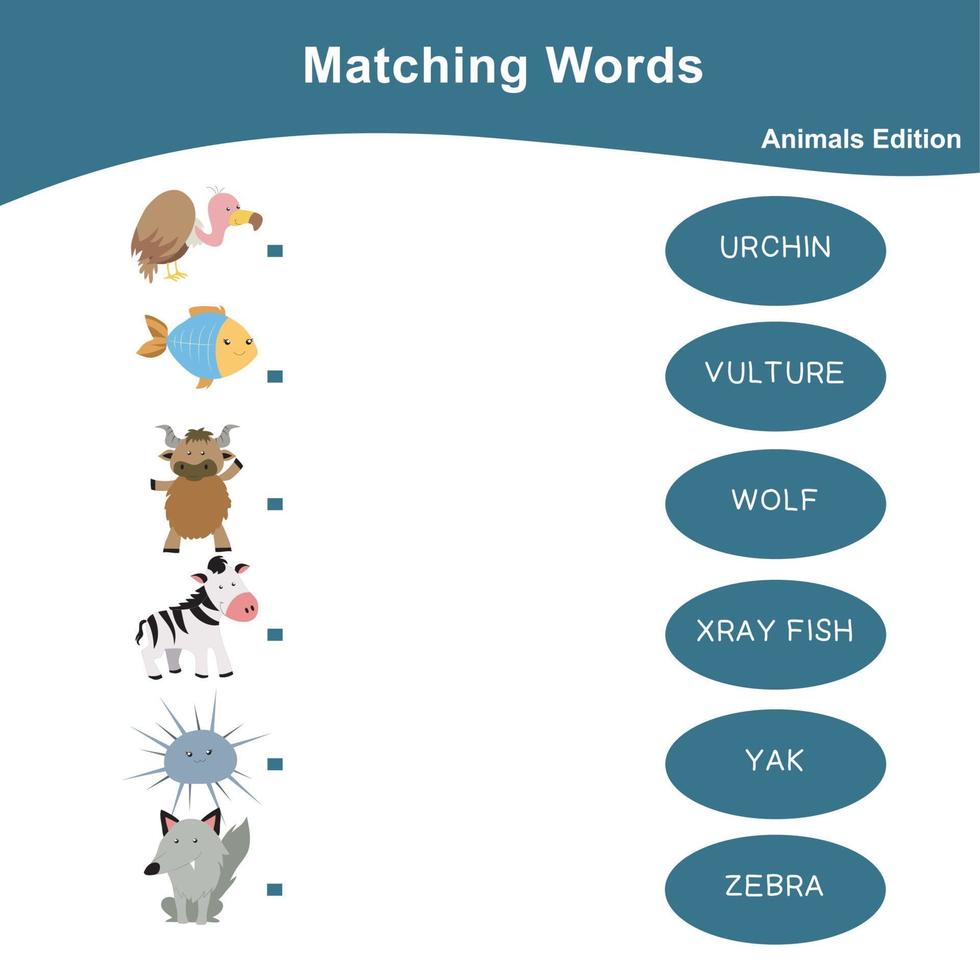 druckbares Arbeitsblatt für passende Wörter. passendes Tierbild mit Namen. Lernblatt für Kinder. Vektordatei. vektor