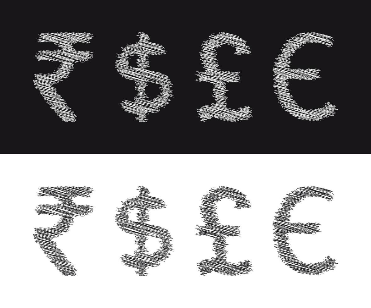 Rupie-Dollar-Pfund-Euro-Währung kritzeln Textur-Symbol-Vektor-Illustration vektor