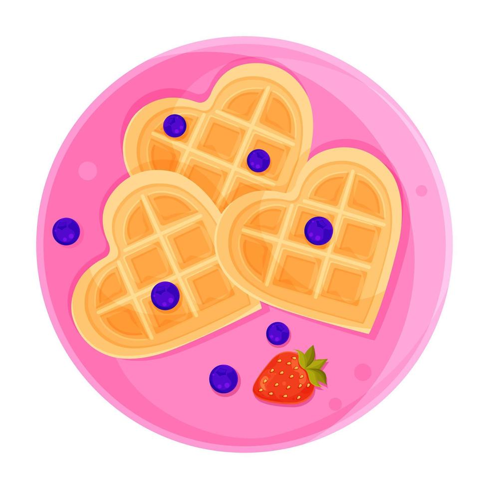 vektor illustration romantisk frukost Wiener hjärtformade våfflor med blåbär och jordgubbar