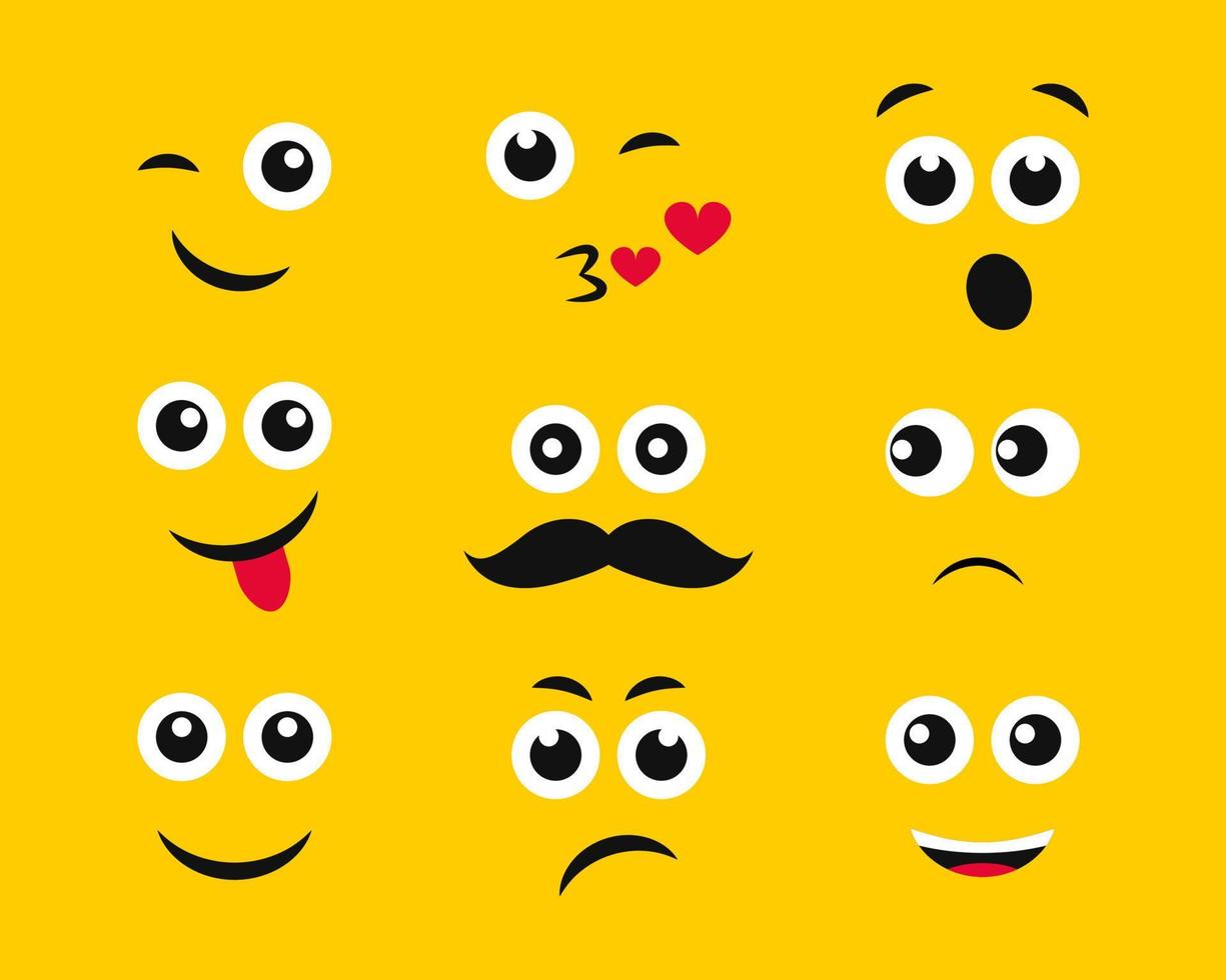tecknad serie ansikten med känslor på gul bakgrund. uppsättning av nio annorlunda uttryckssymboler. vektor illustration