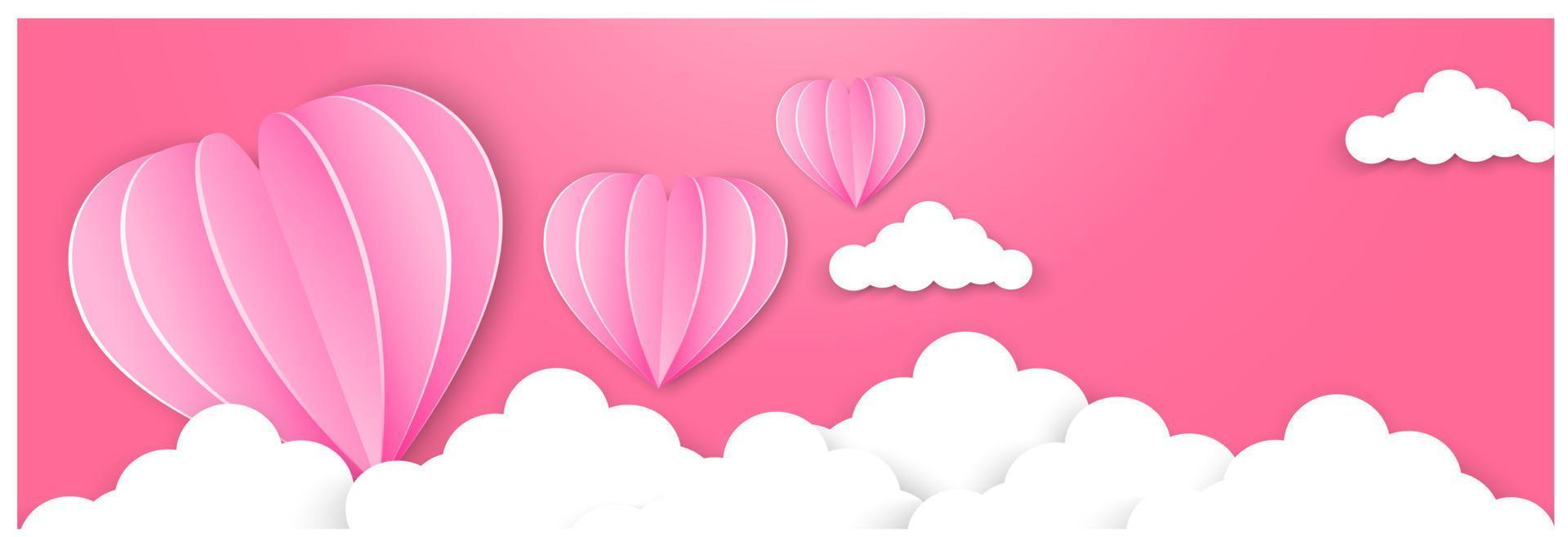 Fröhlicher Valentinstag Typografie-Vektordesign mit Papierballons im Himmel Rot Rosa Herzform Schnitt weiße Wolken Vektorbild der Liebe vektor