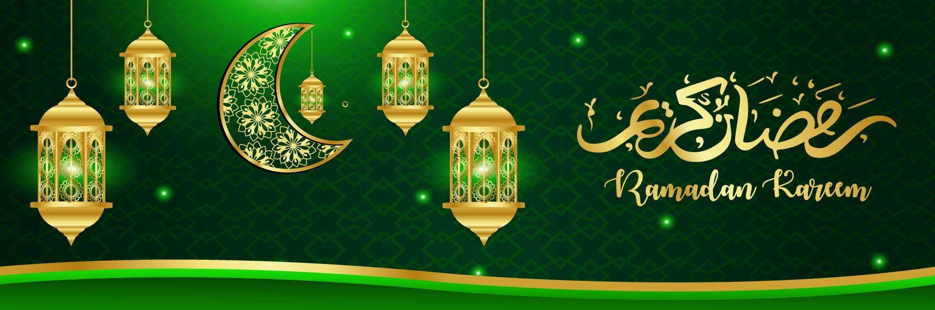 ramadan kareem begrepp baner 3d guld ram arabicum fönster på skön bakgrund skön arabicum mönster vektor illustration hängande gyllene halvmåne måne och papper skära stjärnor på moln för text