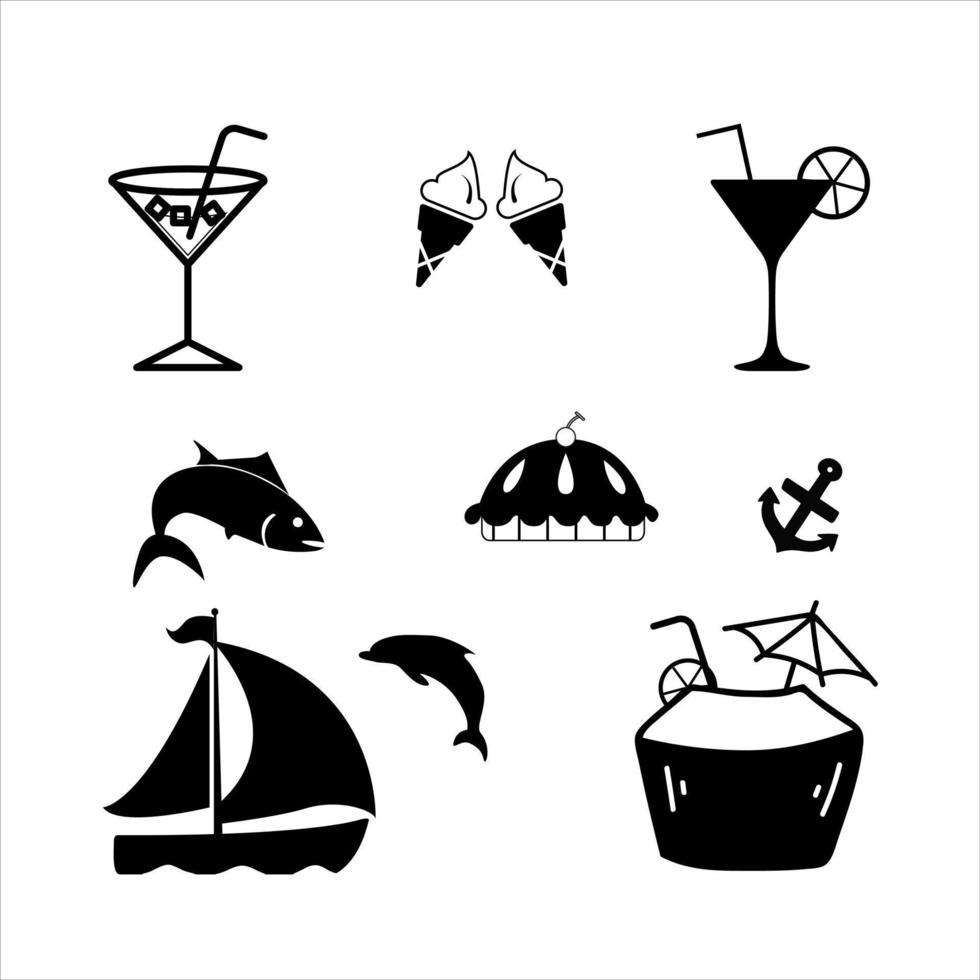 Symbole für Reisen, Urlaub, Sommer und Tourismus setzen Vektorgrafiken. strand, meer, reisepass, sand, reise, drachen, regenschirm, sommer, stimmung, heiße sonne, 10, sonntag. pixelgenau. editierbarer Strich. vektor