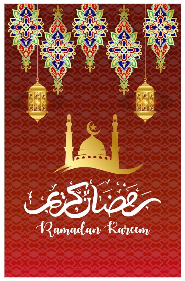 ramadan kareem begrepp baner 3d guld ram arabicum fönster på skön bakgrund skön arabicum mönster vektor illustration hängande gyllene halvmåne måne och papper skära stjärnor på moln för text