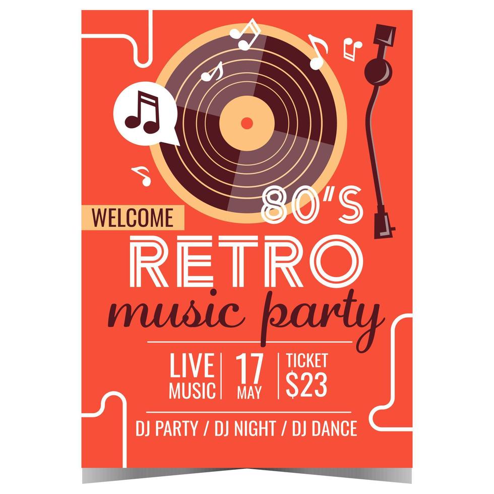 achtziger Jahre Retro-Musik-Party-Einladungsplakat. Vektor-Design-Vorlage von Flyer oder Banner mit Vinyl-Plattenspieler für 80er Retro-Party, Disco-Tanznacht, Konzert oder Sauen-Promotion. vektor