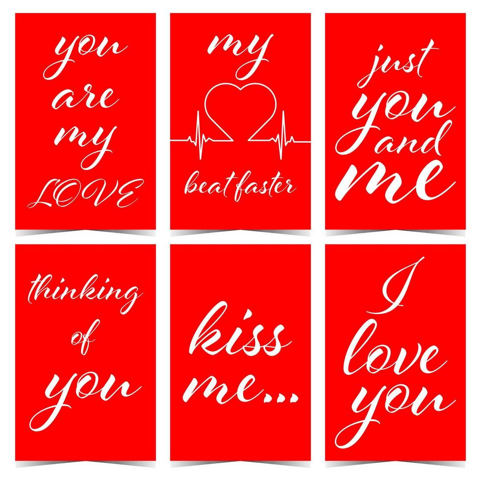 hjärtans dag romantisk hälsning vykort med kärlek calligraphic text och meddelanden på röd bakgrund. vektor illustration i platt stil kan vara också Begagnade som gåva märka, märka, klistermärke eller bricka.