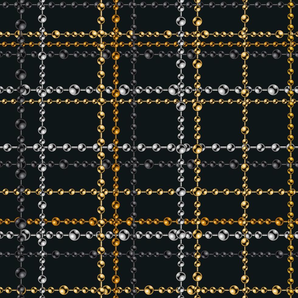 Ketten Tartan Musterdesign mit Metallkugelketten auf schwarzem Hintergrund. goldene, silberne, schwarze Stahlfarben. vektorillustration für druck, stoff, textil.vektorillustration. vektor