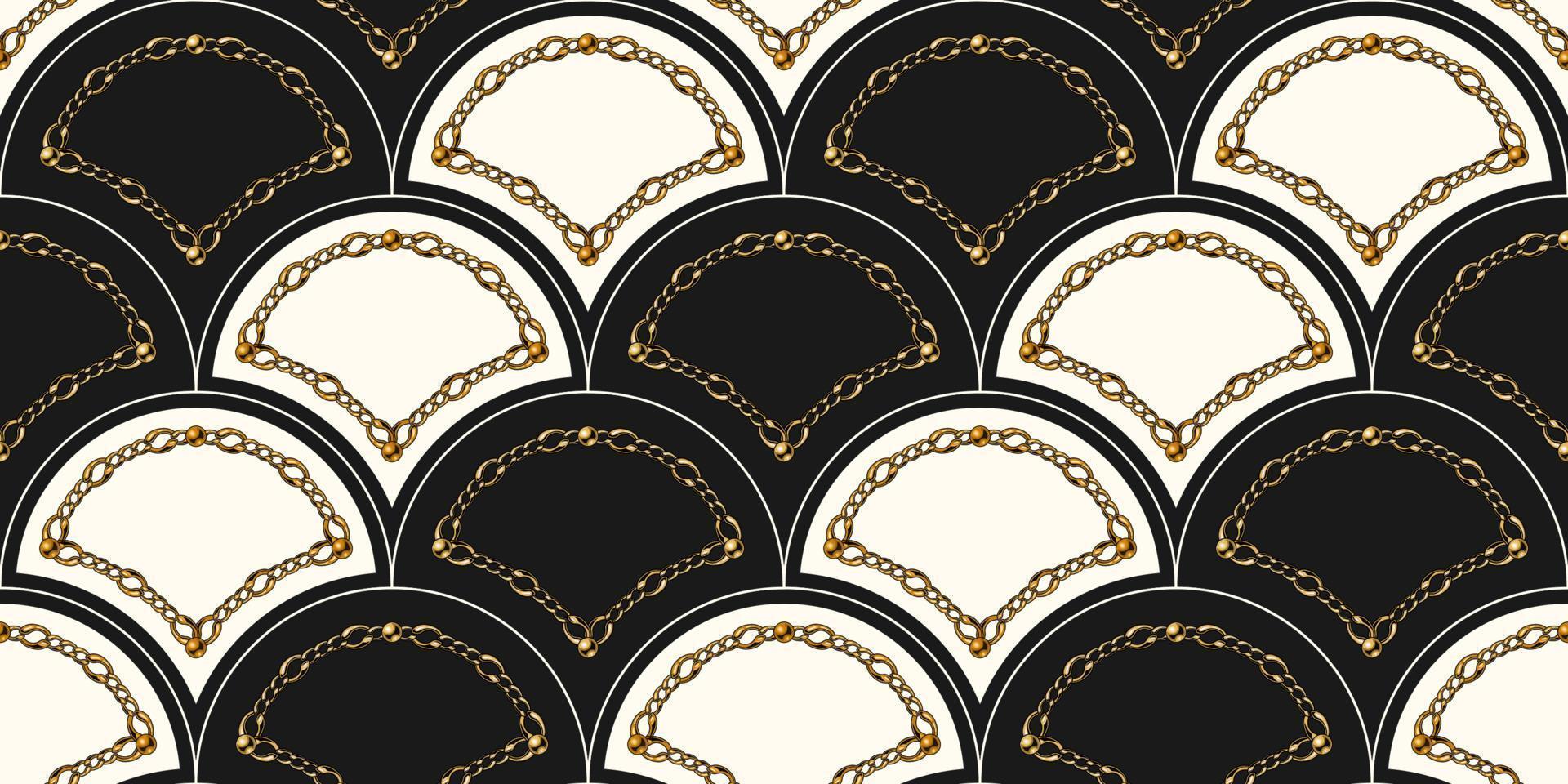 Muschelförmiges, nahtloses Gittermuster mit goldener Kette und Perlen auf schwarzem Hintergrund. Modeillustration. nahtlose Art-Deco-Muster. Vektor