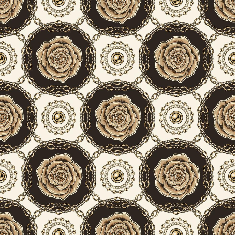 Nahtloses geometrisches Muster mit beigen Rosen, runden Elementen aus Goldketten, Perlen. versetzt angeordnete Elemente. klassischer schmuckhintergrund vektor