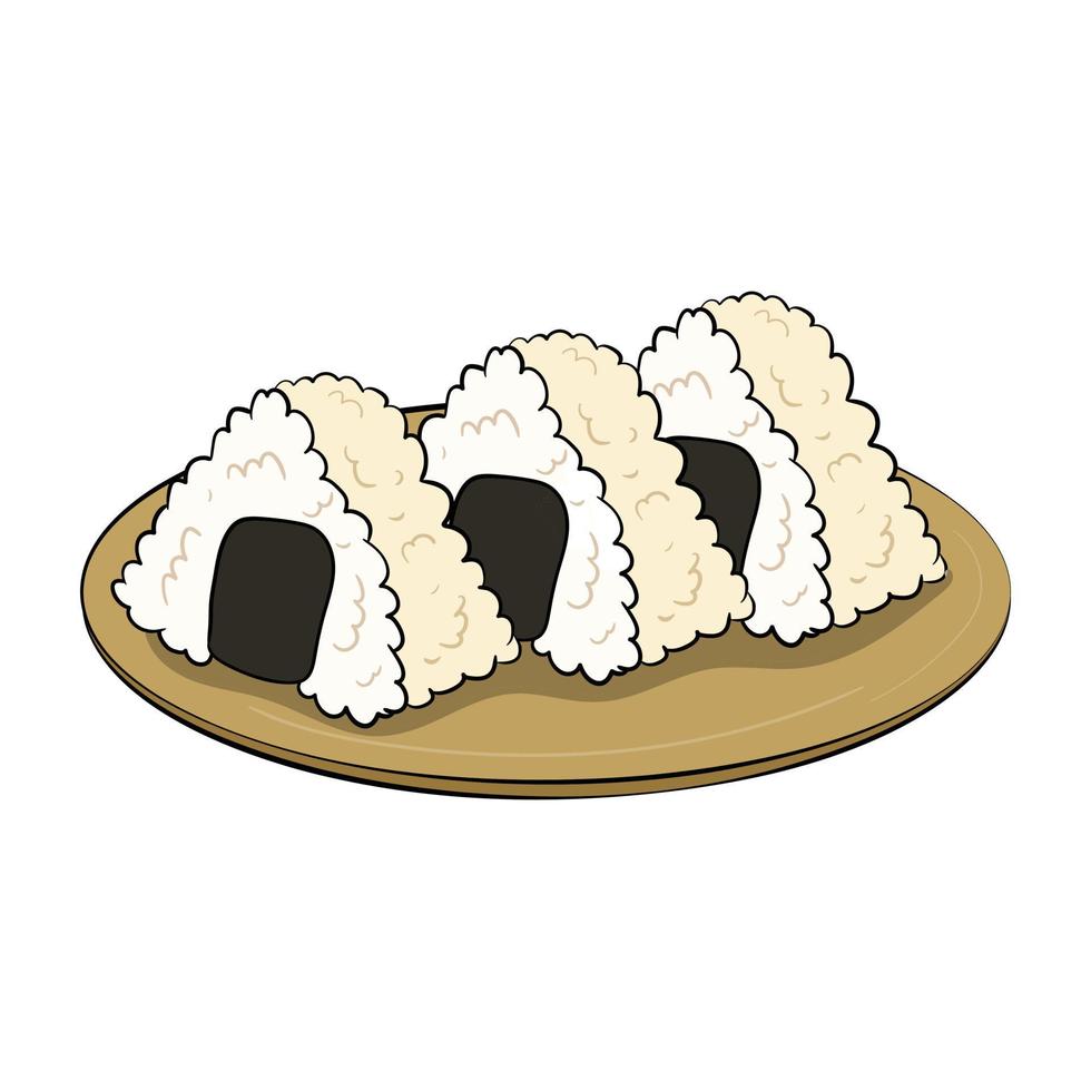 japanische reisbällchen, eine reihe von onigiri auf einem teller. Vektor-Illustration. vektor