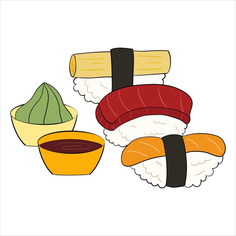 Sushi-Set mit Daikon, Lachs, Thunfisch und Nori. Vektor-Illustration auf weißem Hintergrund. vektor