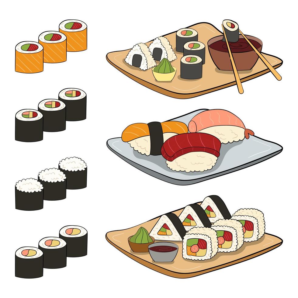 eine Reihe von Sushi und Onigiri auf Tellern. Vektor-Illustration auf weißem Hintergrund. vektor
