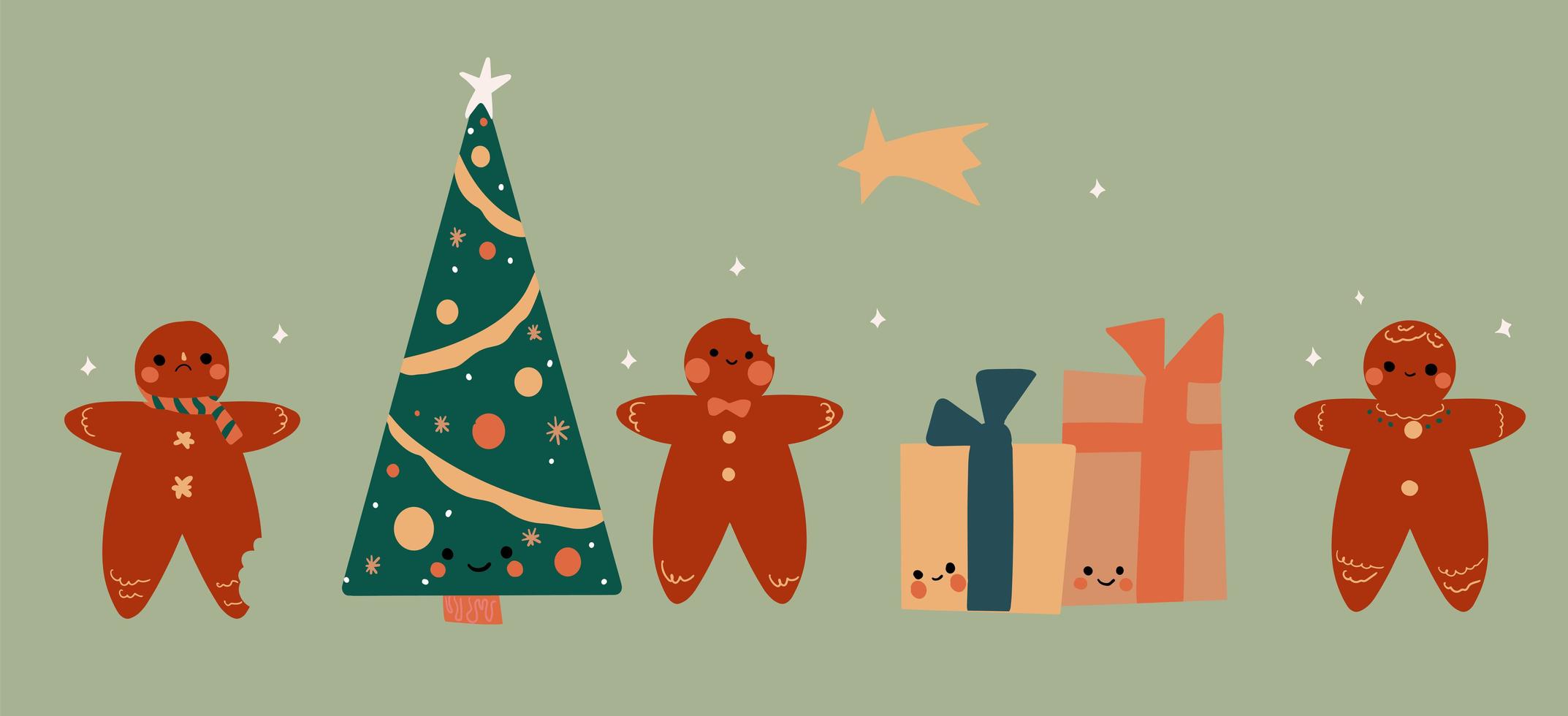uppsättning av söta kawaii pepparkakor, gåvor och julgran vektor
