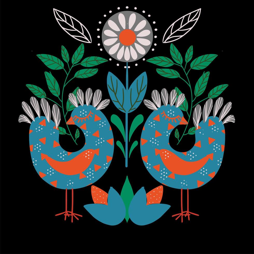 Blumenvolkskunst mit viereckigem Muster der Vögel im modernen Stil, scandi Vektorillustration vektor