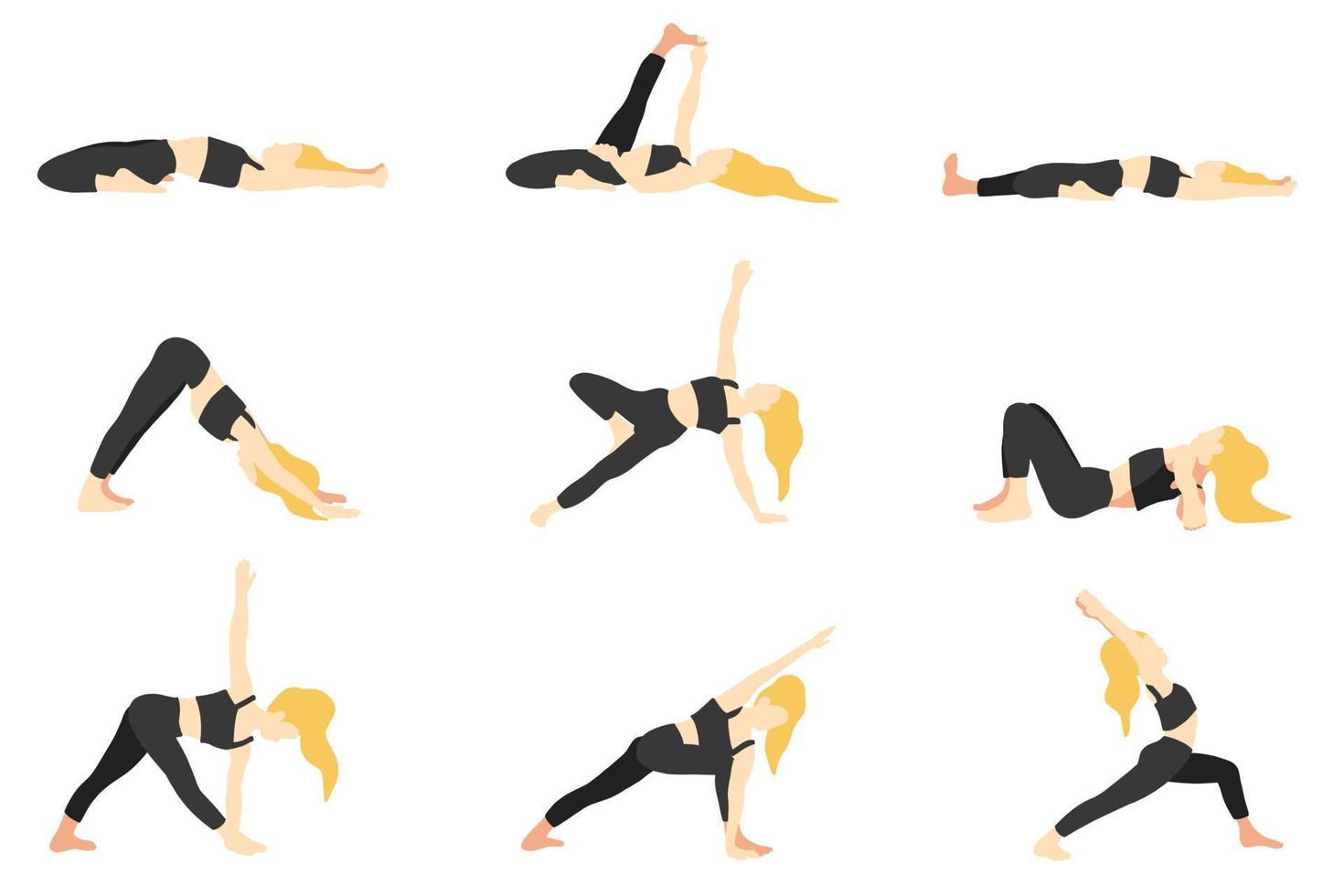 yoga poser samling. blond europeisk kvinna blond kvinna flicka. vektor illustration i tecknad serie platt stil isolerat på vit bakgrund.