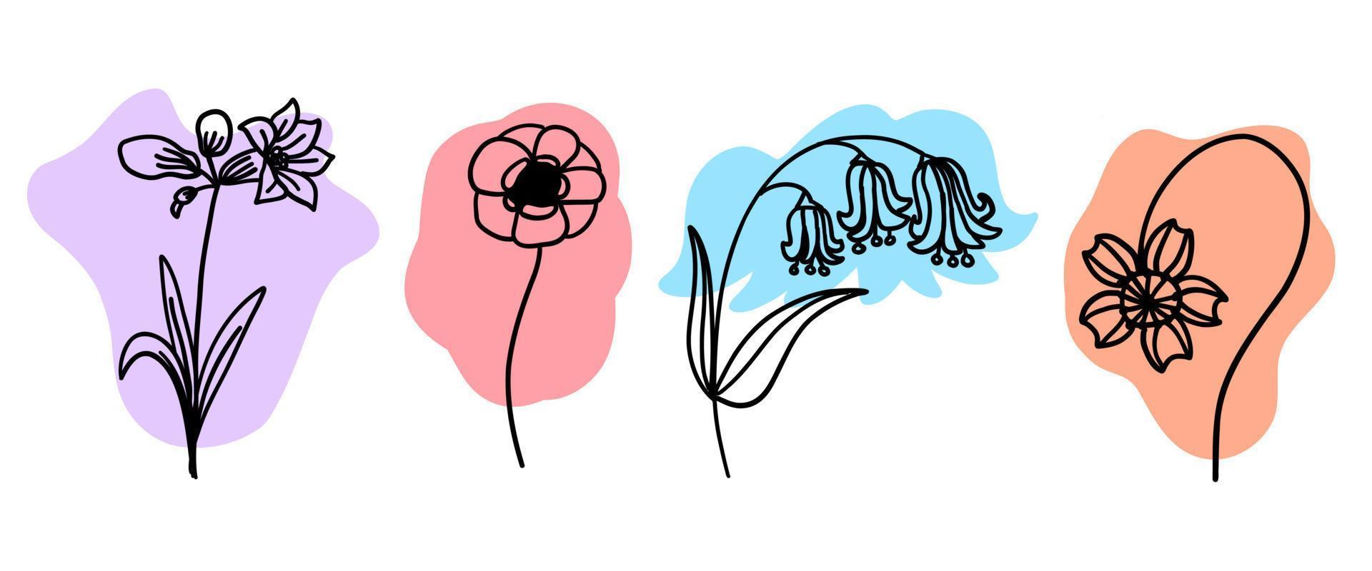 blumen mit buntem pinselsatz im flachen gekritzelkarikaturstil. vektorillustration stellte auf weißen hintergrund ein. vektor