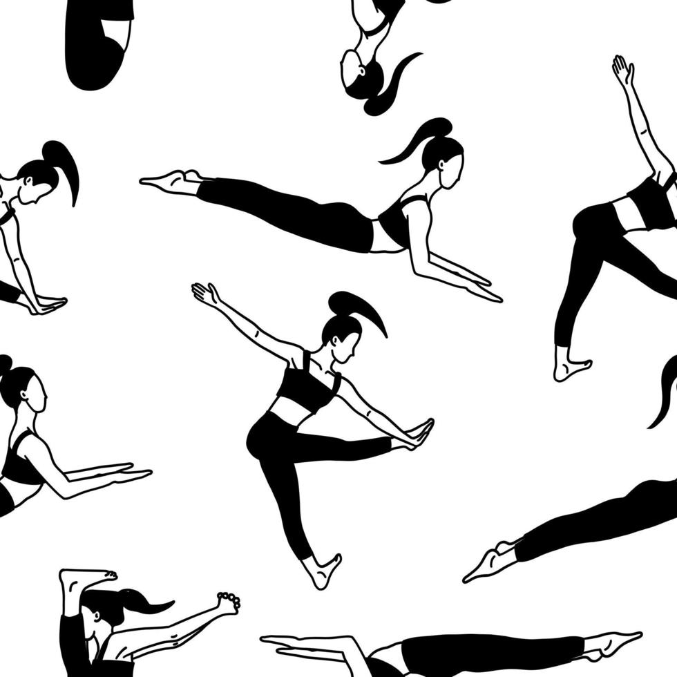 yoga poser sömlös mönster tapet. svart och vit. kvinna kvinna flicka. vektor illustration i platt stil isolerat på vit bakgrund.