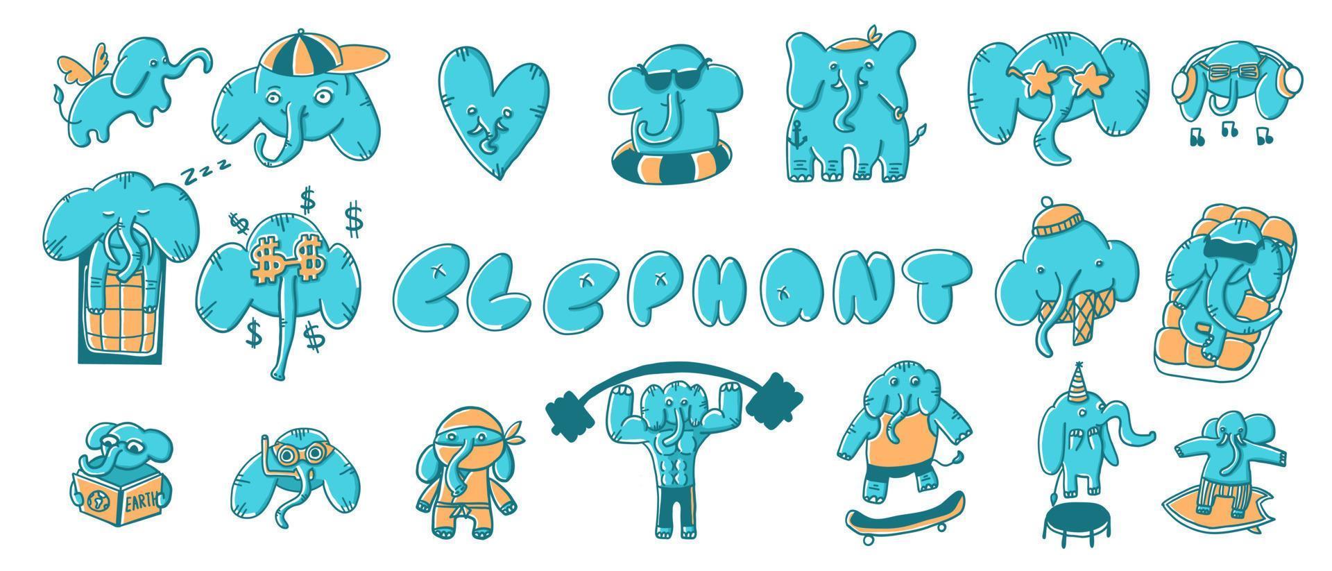 Elefanten in verschiedenen Situationen. vektorillustration im flachen stil der karikatur lokalisiert auf weißem hintergrund. vektor