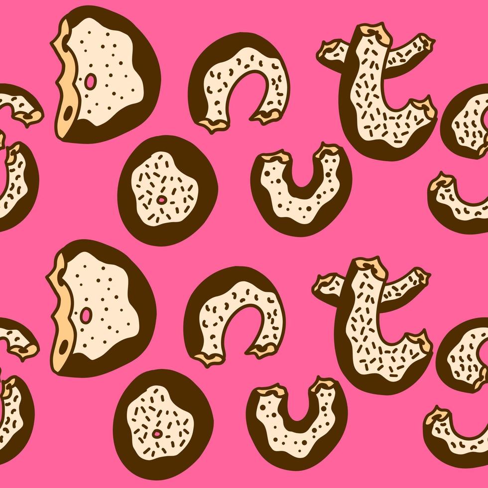 Donuts-Schriftzug. Vektor Musterdesign im flachen Cartoon-Stil isoliert auf weißem Hintergrund.