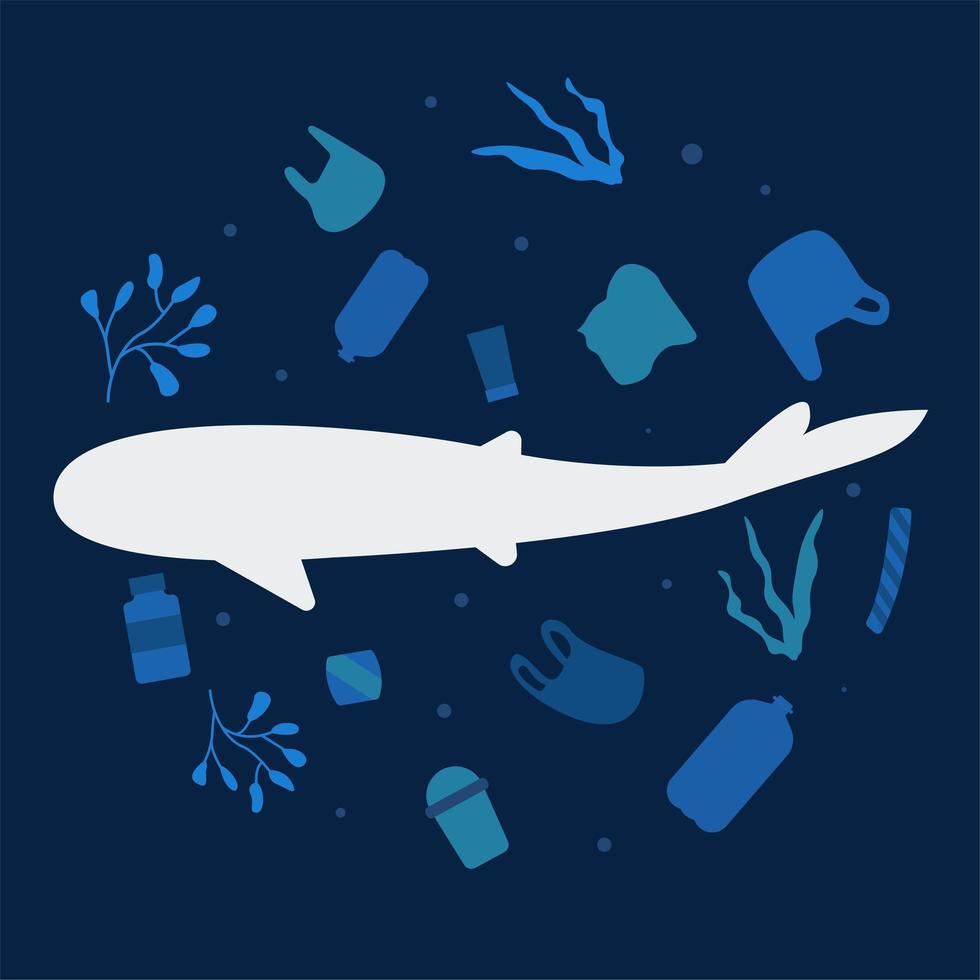 Plastikverschmutzung des Ozeans im Lebensraum des Hais. vektor
