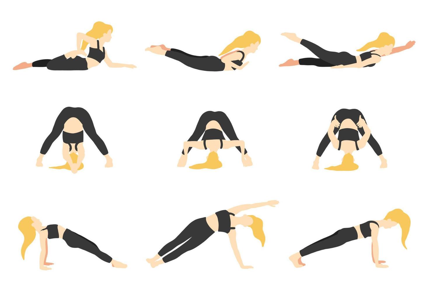Yoga-Posen-Sammlung. blond europäisch weiblich frau mädchen. vektorillustration im flachen stil der karikatur lokalisiert auf weißem hintergrund. vektor