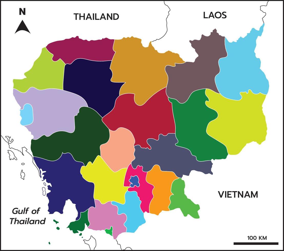 Kambodscha Karte. hochdetailliert mit farbenfrohen geräteprovinzen gehören grenzländer, thailand, laos, vietnam vektor