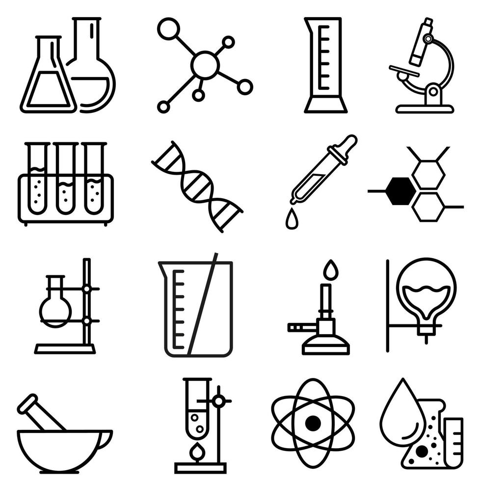 Chemielabor-Vektorsymbole gesetzt. sammlung von forschungsillustrationszeichen. Symbol für Chemie und Biotechnologie. vektor