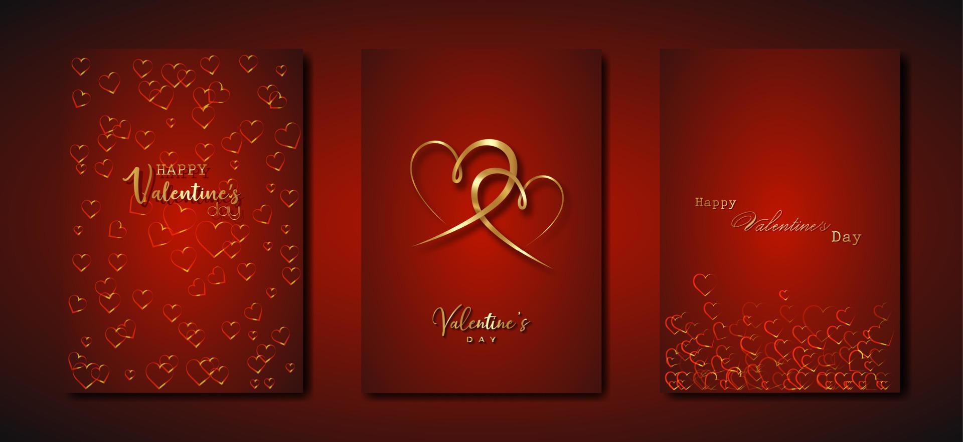 glücklicher valentinstag-vektor-set-grußkarte. Goldherzen auf rotem Hintergrund. goldenes feiertagsplakat mit text, juwelen. konzept für valentinstagbanner, flyer, partyeinladung, schmuckgeschäft vektor