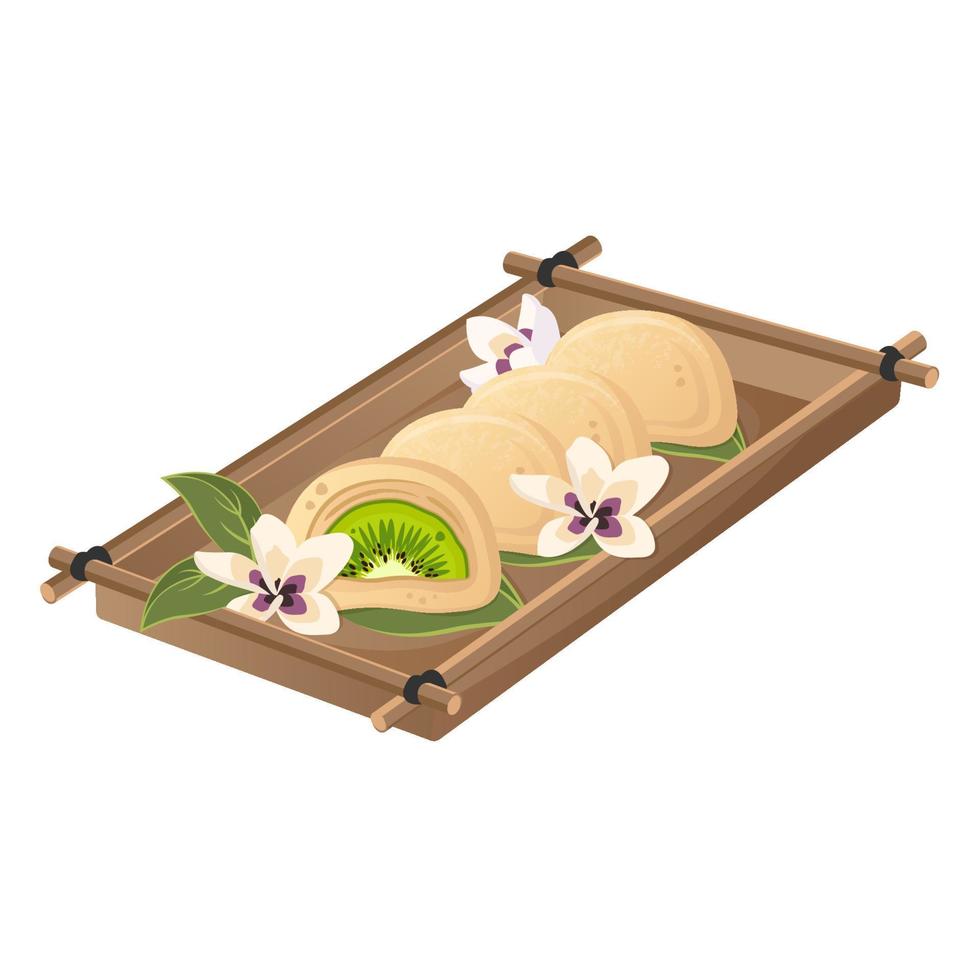 Gelbes Mochi mit Kiwis, Sakura-Blüten auf Holztablett. halbe und ganze japanische kuchen aus reismehl. vektorflach gezeichnete illustration für gerichte, menü, süß, kochkonzept. Vektor