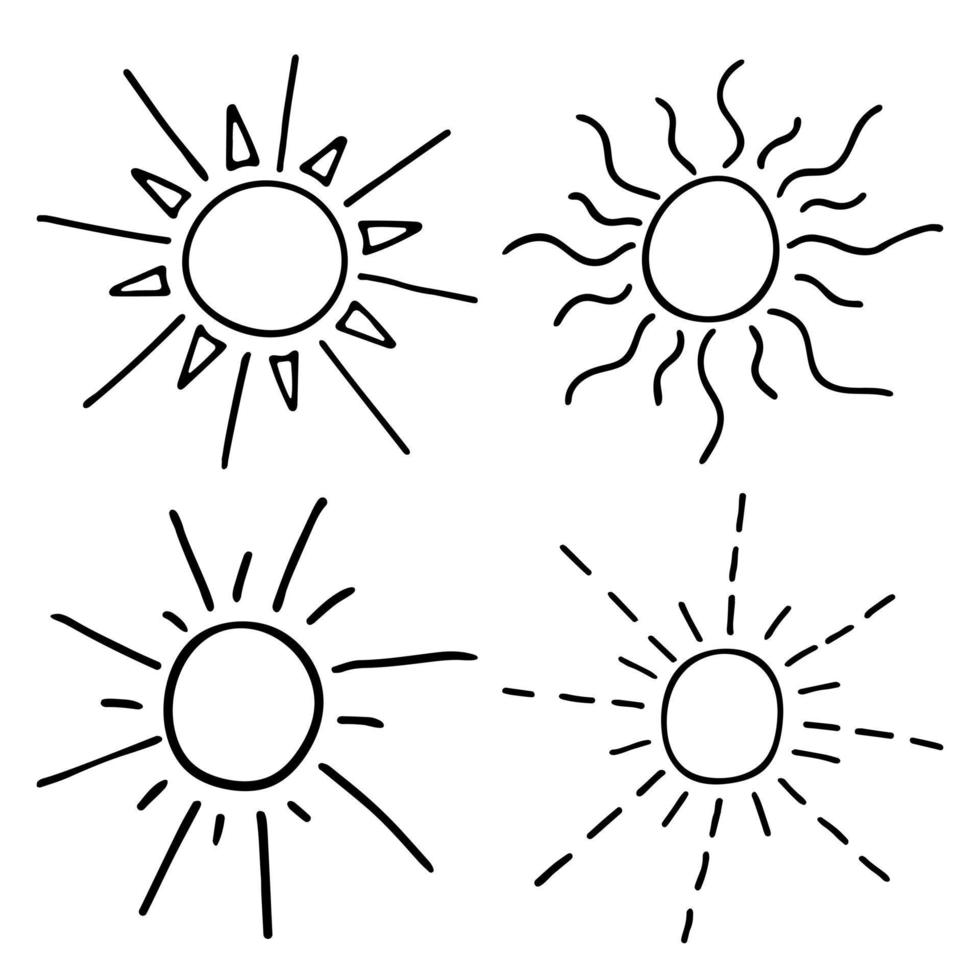 Gekritzelumrisse der Sonne. Vektorzeichnung von Sonnenstrahlen. Vielzahl von Sonnenstrahlen vektor