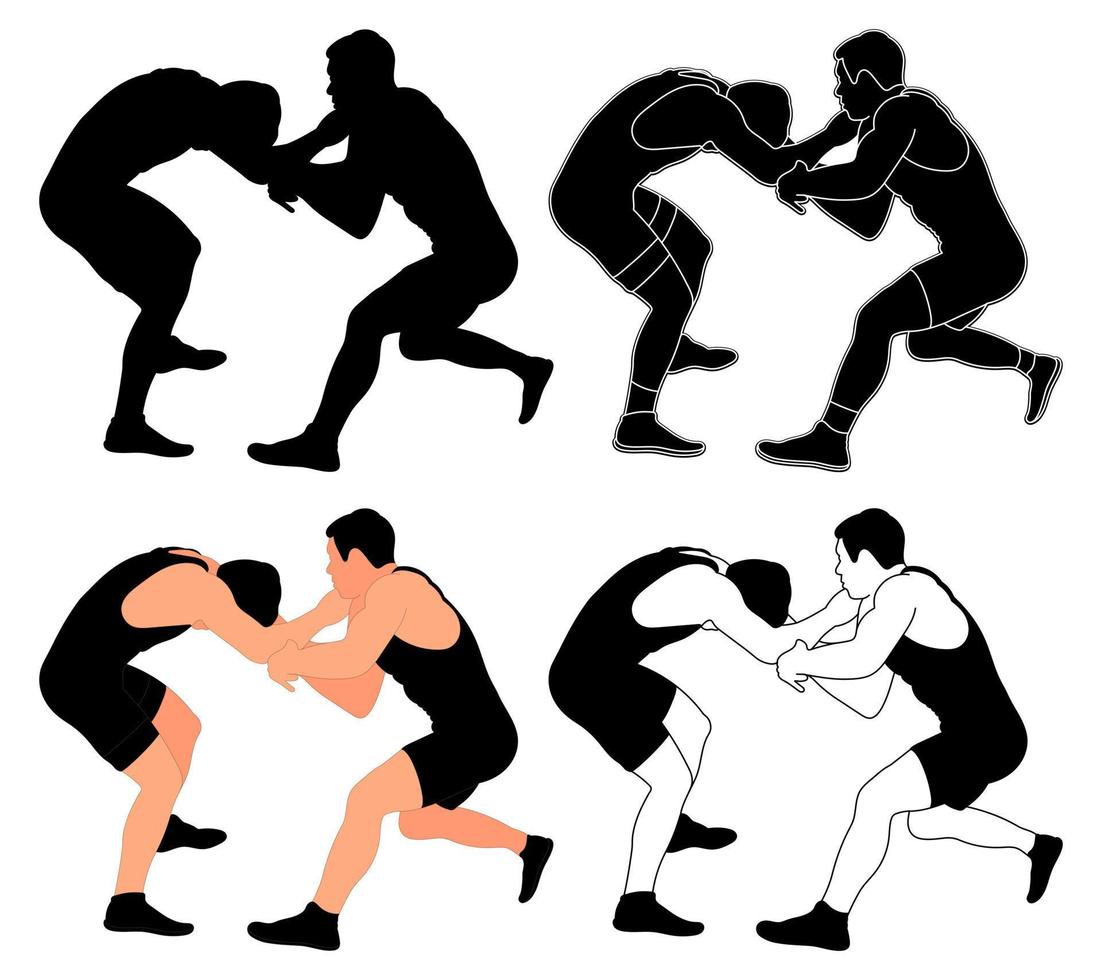 Set Silhouetten Athleten Wrestler beim Wrestling, Duell, Kampf. griechisch-römisch, Freestyle, klassisches Wrestling. Kampfkunst vektor