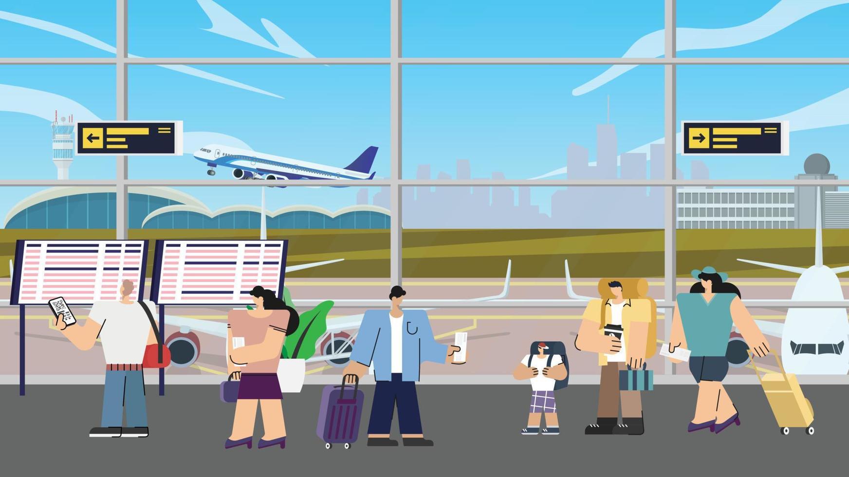 Flughafenabflugbereich Touristen mit Gepäck, die sich in der Abflughalle entspannen, um den Abflug des Flugzeugs zu besteigen, Reisende Flugzeuge vektor