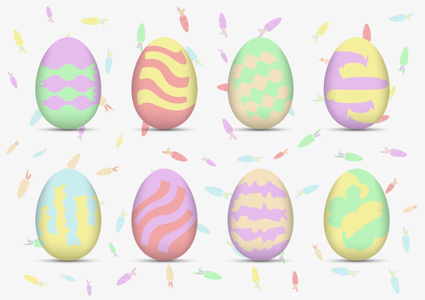 Ostereier-Icon-Set, fröhliche Ostern und süße Hasenohren mit Karotten, Vektorillustration. vektor