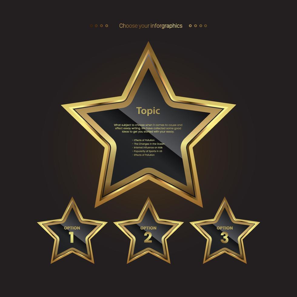 Top-Level-Preis-Gold-Infografik, mit drei Optionen von goldenen Premium-Sternen auf braunem Hintergrund mit Farbverlauf, die als Glückwunschbanner verwendet werden, Design der Gewinnerpreiskonzepte. vektor