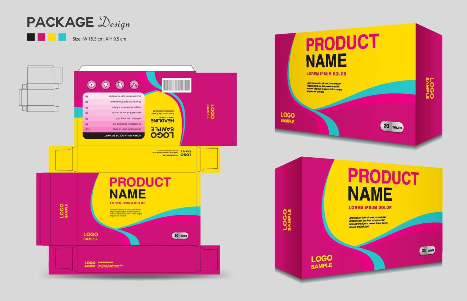 Design von Kosmetikboxen, Designvorlage für medizinische Verpackungen, Verpackungsdesign von Ergänzungsboxen, Etikettendesign, Gesundheitsetikett, kreativer Ideenvektor für Verpackungen, Boxumriss, realistisches Mock-up von 3D-Boxen, Vektor