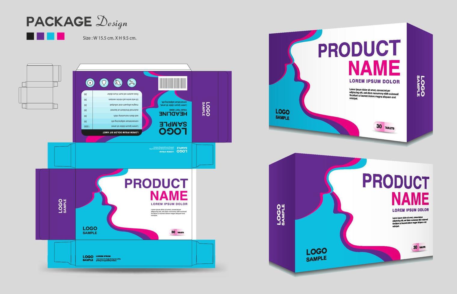 Design von Kosmetikboxen, Designvorlage für medizinische Verpackungen, Verpackungsdesign für Ergänzungsboxen, Etikettendesign, Gesundheitsetikett, kreativer Ideenvektor für Verpackungen, Boxumriss, realistisches Mock-up von 3D-Boxen, Vektor