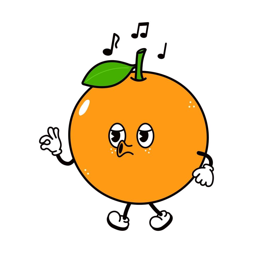 niedlicher lustiger orangefarbener fruchtgeher singender charakter. Vektor handgezeichnete traditionelle Cartoon-Vintage-Retro-, kawaii-Charakter-Illustrationsikone. isolierter weißer Hintergrund. Orangenfruchtspaziergang singt Charakter