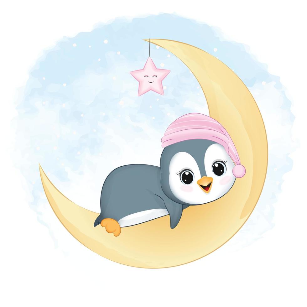söt liten pingvin på de måne, djur- tecknad serie illustration vektor