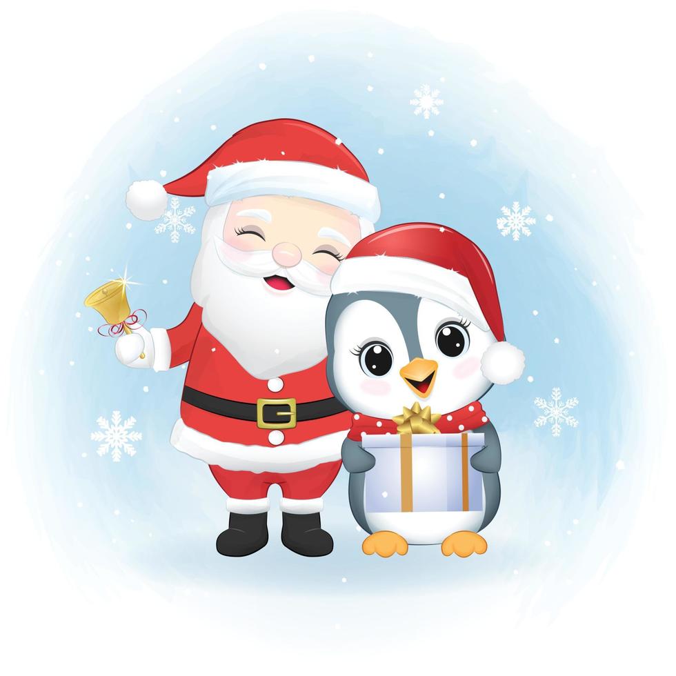 söt pingvin och santa claus. jul säsong illustration. vektor